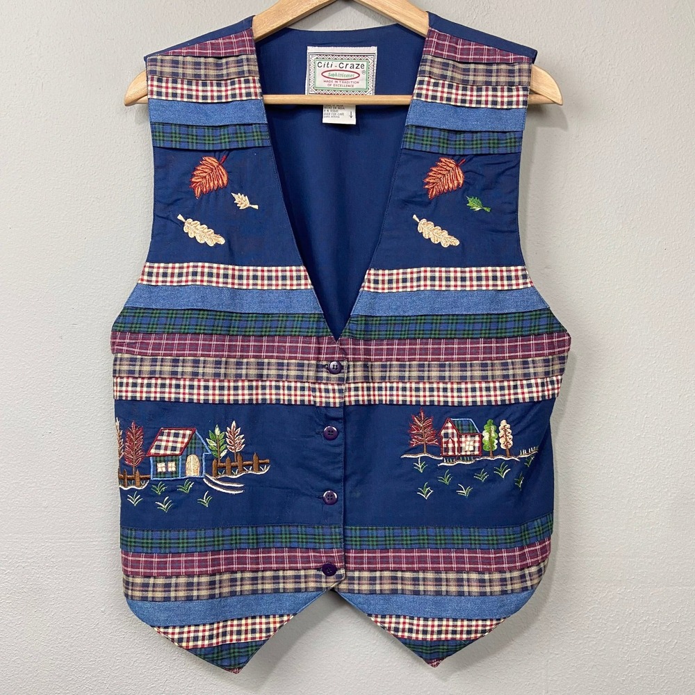 Vintage Citi-Craze Patchwork Vest Sz‎ L Cottagecore Fall Embroidered Grandmacore